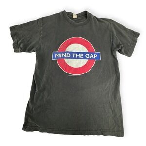 Vintage London Underground Mind The Gap T-Shirt Small/Medium Black Graphic Tee